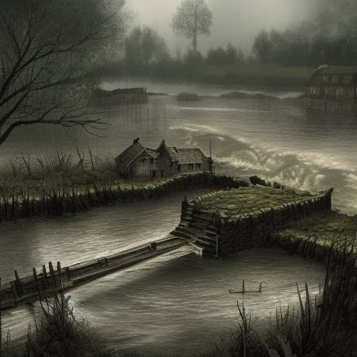 dark medieval wide straight river, rocky rapids, Warhammer fantasy, lock with two sluices between island and shore, levelled water, one house, rocks, summer, trees, nets, fishing, black adder, muddy, misty, overcast, Dark, creepy, grim-dark, gritty, hyperdetailed, realistic, illustration, high definition