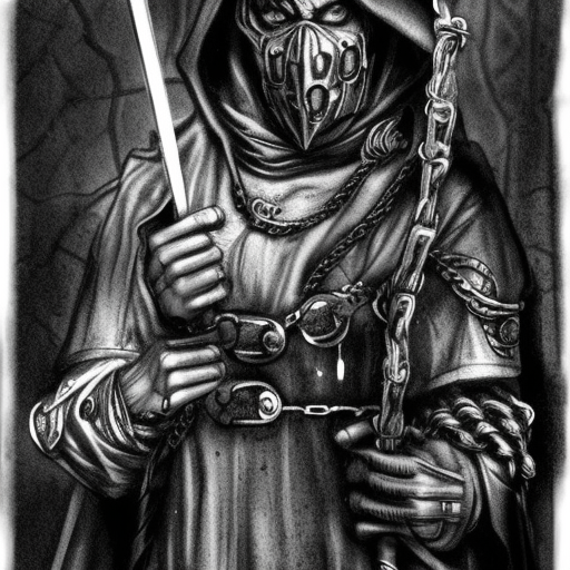 sorcerer disciple of Belakor in black hood in medieval dark alley, belt made from chains, soot-covered face, iron nails, black shadow magic, Warhammer fantasy, creepy, grim-dark, gritty, realistic, illustration, high definition