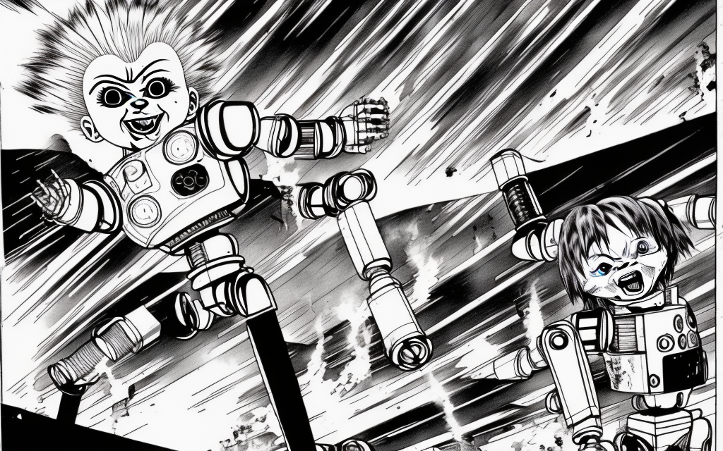 chucky as a realistic manga robot attacking a ghost in the shell city on fire


