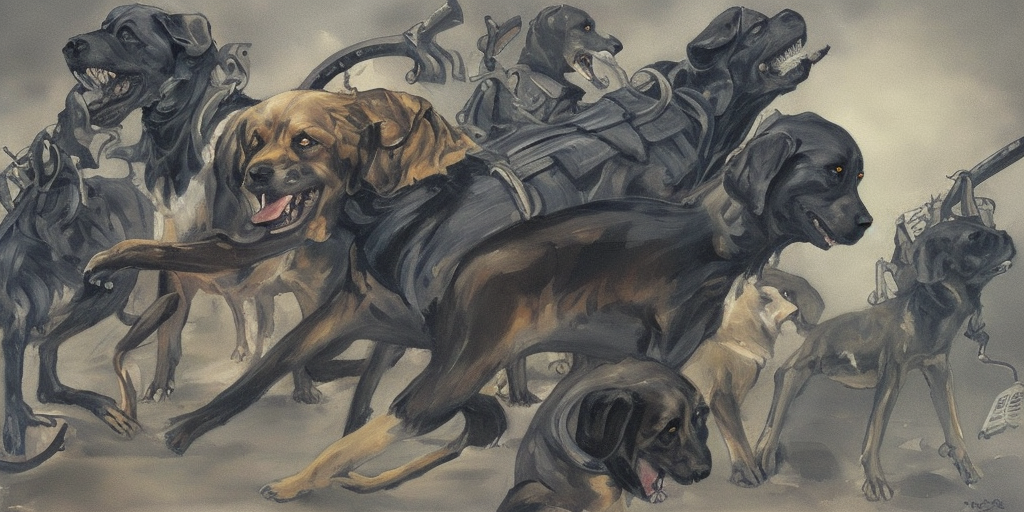 a painting of Think of someone else: Cerberus, that could be a good dog, a dog that is sometimes a bit much, but a good dog, that could be him. 

Think of me: tanks, sword, war culture – all the shit that beckons me to run around fully armored.
