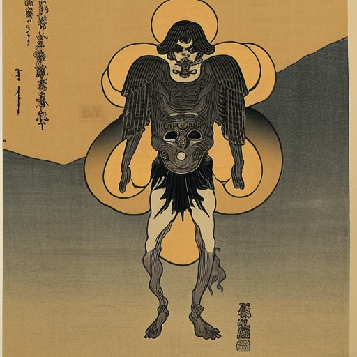 the primordial darkness embodying a greek god of death Thanatos with dark wings, wearing ancient greek glothing, galaxy with solar system Ukiyo-e Japanese woodblock