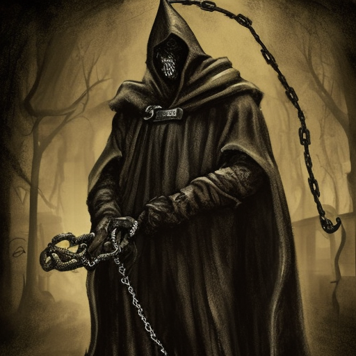 sorcerer of Belakor in black hood in medieval dark alley, belt made from chains, soot-covered face, iron nails, black shadow magic, Warhammer fantasy, creepy, grim-dark, gritty, realistic, illustration, high definition