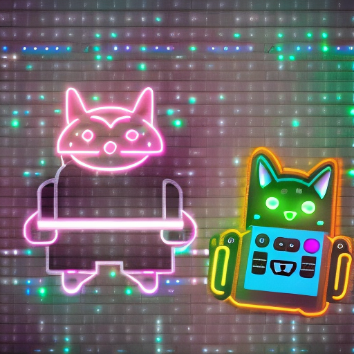Android cat grinning while playing handheld console, cyberpunk background, futuristic environment, LOGO, Neon lights. Brand LOGO.