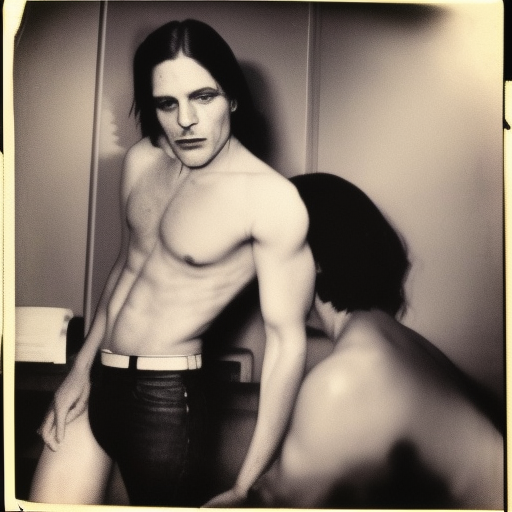 long shot, Joe Dallesandro  in white button down shirt and Holly Woodlawn at party in downtown loft, anatomically correct, vintage polaroid photography by andy warhol, in the style of Daisuke Yokota