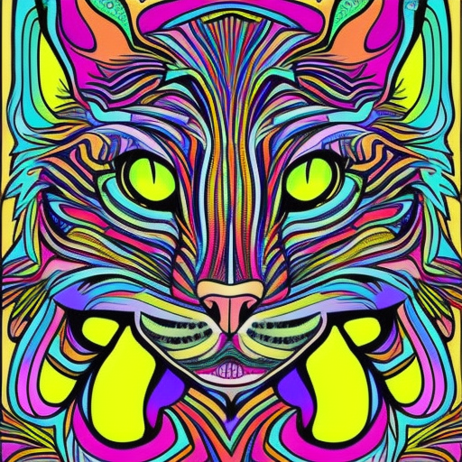 psychedelic cat drawing, colorful, psychedelic, highly detailed?BLACK BACKGROUNED