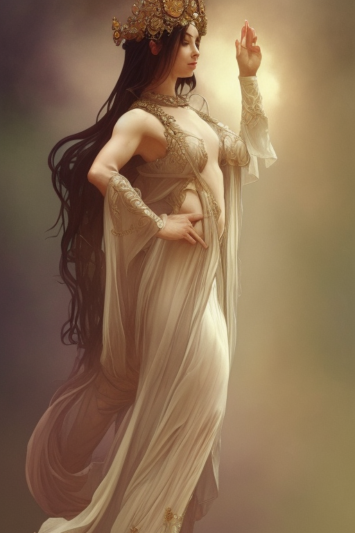 A full body portrait of a beautiful ethereal delicate mage queen meditative pose, intricate, elegant, highly detailed, digital painting, artstation, concept art, smooth, sharp focus, illustration, art by krenz cushart and artem demura and alphonse mucha oil painting on canvas