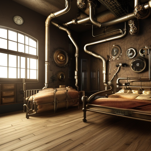 steampunk room with lots of pipes, octane render, 3D art, ultra realistic, large windows, mesy, bedroom, cosy bed
