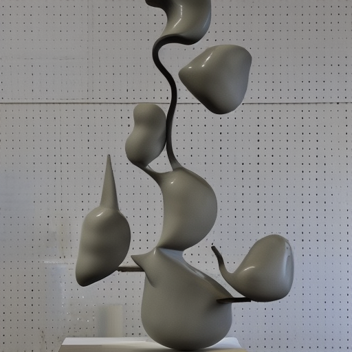 4 fluid ceramic separate sculptures on the style of the artist jean arp on one vertical tall iron structure with small racks holding each sculpture is on a different high