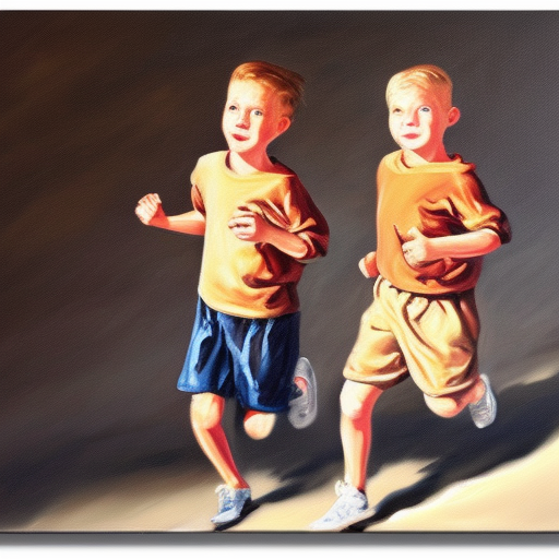 Two boys running with duffle bags oil painting on canvas, ultra realistic 