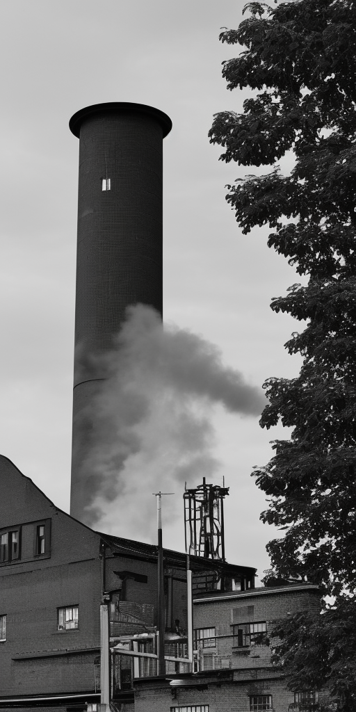 A black and white photo of a factory in Wuppertal, a very close-up shot. It's a clear and bright day. In the center of the picture, a brick chimney rises up, dominating the upper half of the image. In the background, behind the industrial building, there is a tree. Actually, everything except for the chimney is in a deep, dark shadow. The chimney, on the other hand, as the tallest object, rises phallically and reaches out to the sunlight as if it were a tree turning towards its source of nourishment. The other tree, which is not just like a tree, but a real tree, is only a dark outline. Would it be a bit too overblown if I were to say: Here, the human work of capitalism rises above natural creativity, showing its strength and pride, without realizing that its downfall is already embedded in this outstanding pride? Or is a chimney sometimes just a chimney?