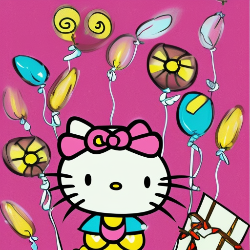 Create an AI-generated artwork that depicts Hello Kitty celebrating her birthday. Include elements such as balloons, a birthday cake, presents, and other party decorations. Use bright and cheerful colors to bring out the joyous mood of the occasion. You may also incorporate other characters from the Hello Kitty universe to add more fun and excitement to the scene. Let your imagination run wild and create a unique and unforgettable artwork that captures the essence of this special occasion.