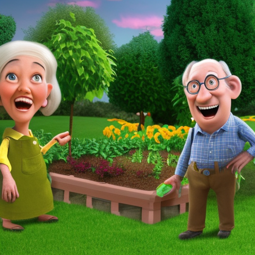 Old people happy working in garden,Nice face ,Pixar ,cartoon