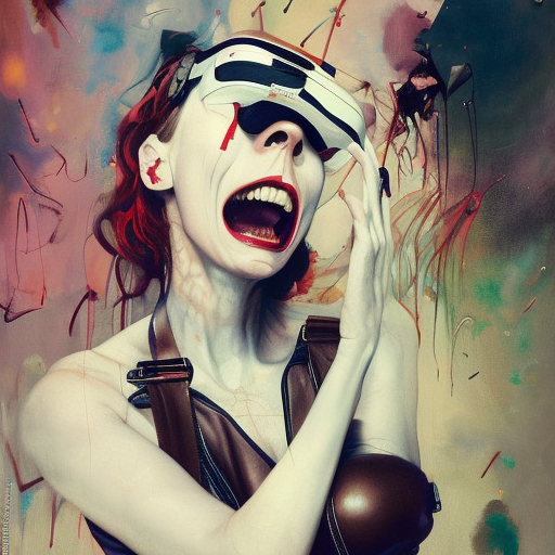 grinning woman in a vr headset wearing leather outfit, dynamic energic pose, cyberpunk in the style of adrian ghenie, esao andrews, jenny saville, surrealism, dark art by james jean, takato yamamoto