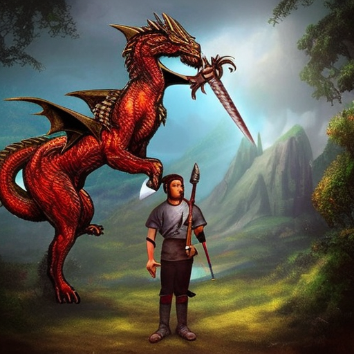 Create an image of a brave hero standing in front of a mythical creature, such as a dragon, unicorn or griffin. The hero should be holding a sword and have a determined look on their face, ready for battle. In the background, there should be a grand and mystical castle, surrounded by lush green forests and rolling hills. The colors used should be vibrant and the overall scene should give off a sense of adventure and excitement. digital painting, by Stanley Artgerm Lau, Sakimichan, WLOP and Rossdraws, digtial painting, trending on ArtStation, SFW version