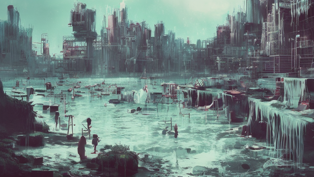 the dripping paint monster washing their laundry in the bay by beeple , cinematic atmosphere, establishing shot