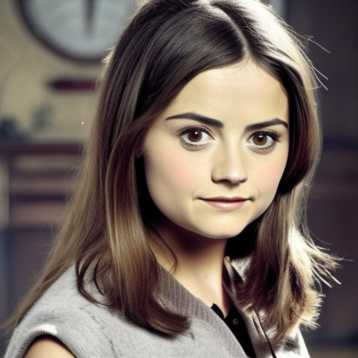 Jenna Coleman beautiful young with big dark eyes in the world of harry potter with a wand in a duel photograph photorealistic