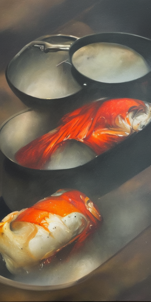a oil painting of Boiling fish