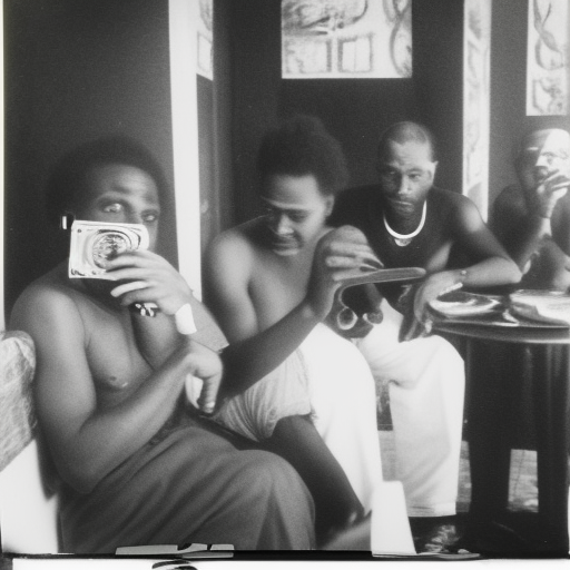 African American beat writers sitting and drinking in cheap hotel in Morroco, vintage Polaroid photography by Andy Warhol, documentary style