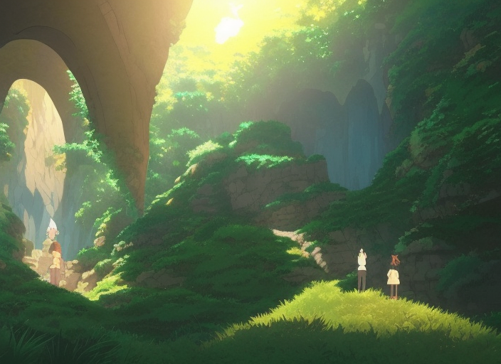 A entrance into a magical cavern, wide shot, peaceful and serene, incredible perspective, soft warm lighting, anime scenery by Makoto Shinkai and studio ghibli, very detailed