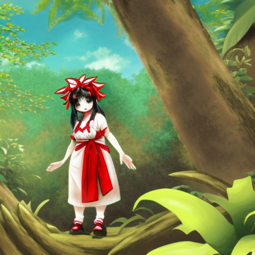 an illustration of reimu in the jungle wearing bonnet