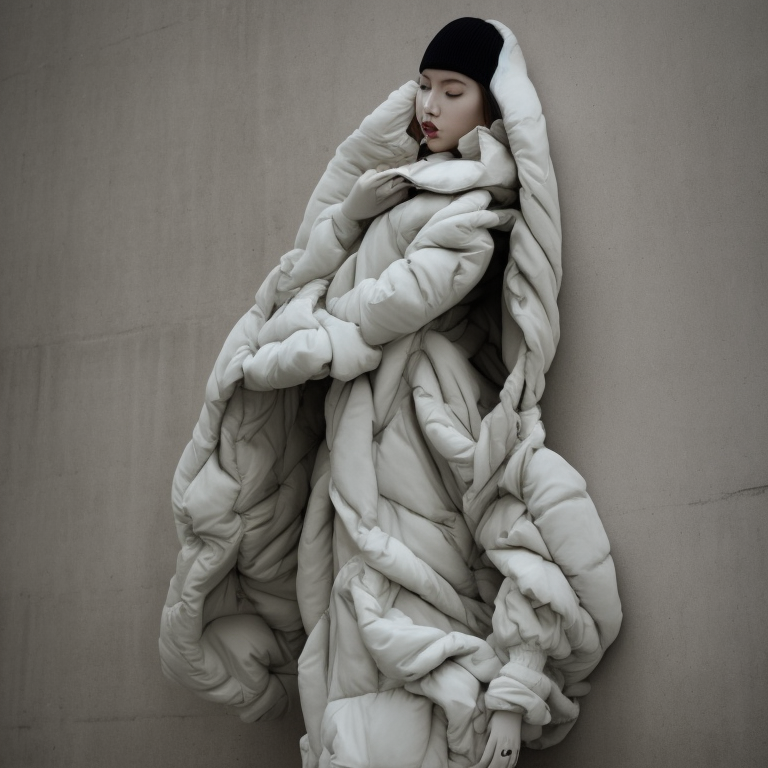 well lit fashion shoot portrait of extremely beautiful female marble statue wearing huge over size puffer jacket by dingyun zhang, yeezy, balenciaga, vetements, a cold wall, sharp focus, clear, detailed,, cinematic, detailed, off white, glamourous, symmetrical, vogue, editorial, fashion, magazine shoot, glossy