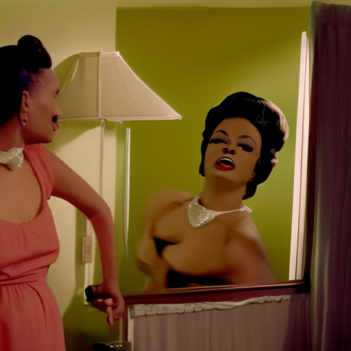 Bored African American housewife in a seedy motel room, 1962 color Fellini film, ugly motel room with dirty walls and old furniture, archival footage, technicolor film, 16mm, live action, John Waters, wacky comedy