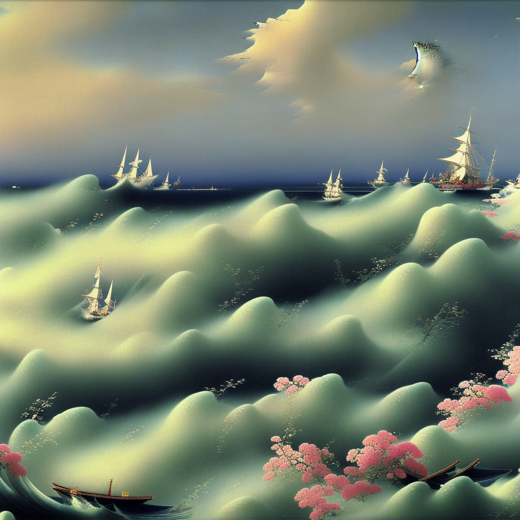 mai view of Japanese music synthesizer with embedded flowers +in the background sea waves in the style of Aivazovsky    digital art high resolution detailed