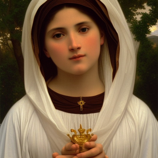Painting of our Lady of Fatima. Art by william adolphe bouguereau. During golden hour. Extremely detailed. Beautiful. 4K. Award winning. Full Body
