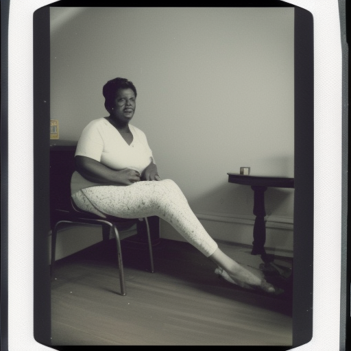 A polaroid photo of an African American woman leaning forward, sitting on a bed in a vintage motel room, style 1995