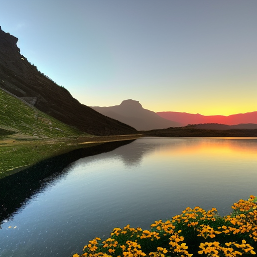 one flower on the mountain, a lake in the valley, sunset in the background