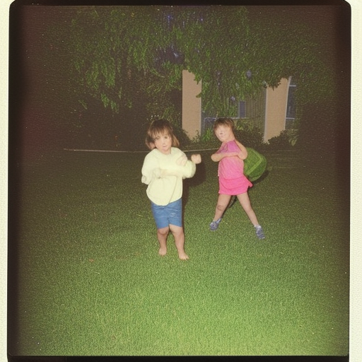Brother and sister playing in the yard, early 2000s, flash photography, polaroid