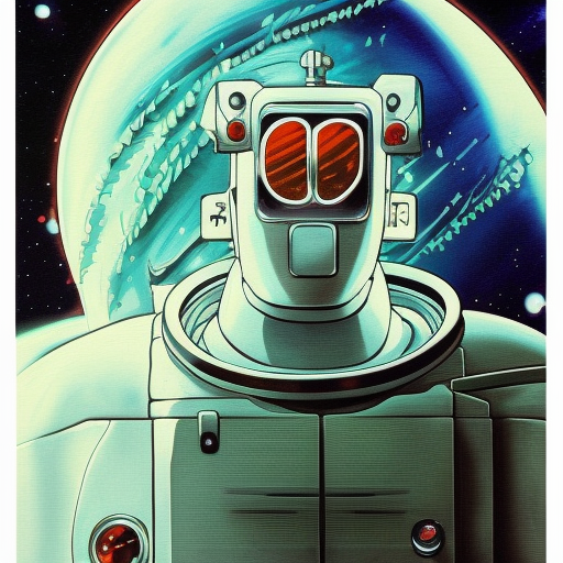 Vintage 90's anime style. a lonely astronaut walking down the street; 
by hajime sorayama, greg tocchini, virgil finlay, sci-fi. line art. environmental arcade art. oil painting on canvas