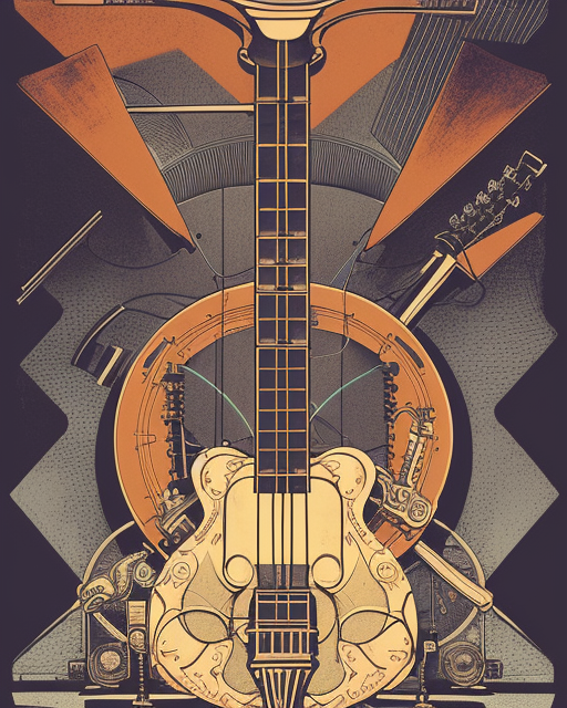 a majestic steampunk alchemists guitar leaning on an guitar amp, two point perspective, furniture, high details, bold line art, by vincent di fate and joe fenton, inking, etching, screen print, masterpiece, trending on artstation, sharp, high contrast, hyper - detailed,, hd, 4 k, 8 k