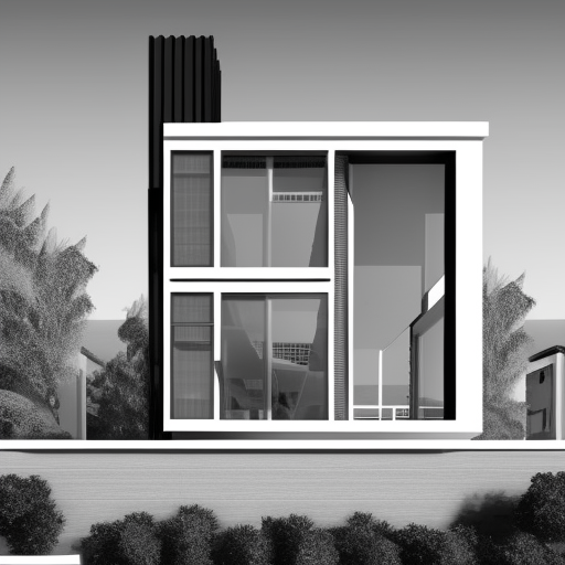  black and white pencil illustration high quality, architecture project with two floors, futuristic architecture, Le Corbusier, glass windows at the top, at the bottom with a balcony and wooden doors with glass, garage, garden, ceiling with solar panels,