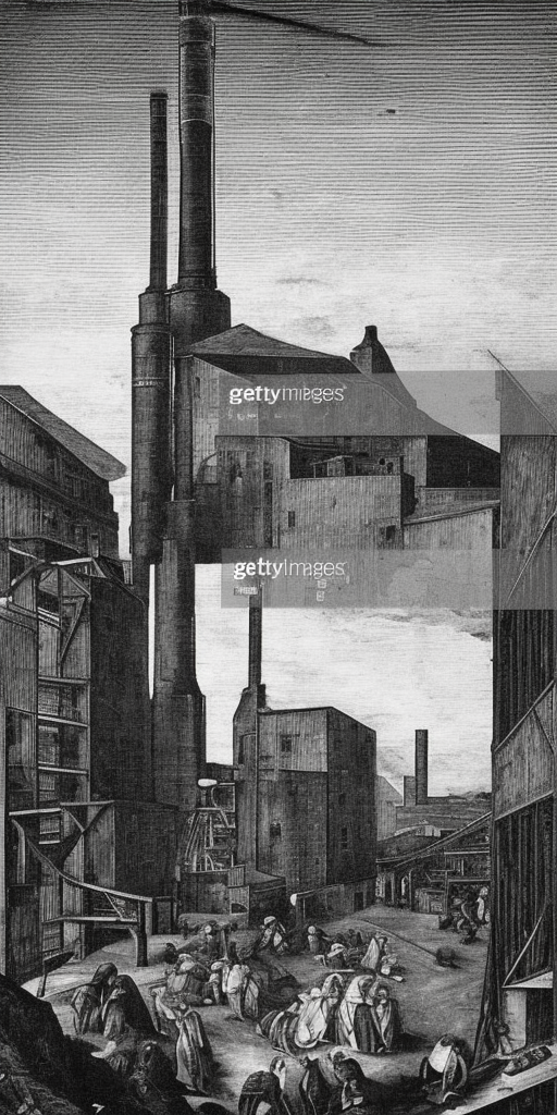 A black and white renaissance painting of a factory in Wuppertal, a very close-up shot. It's a clear and bright day. In the center of the picture, a brick chimney rises up, dominating the upper half of the image. In the background, behind the industrial building, there is a tree. Actually, everything except for the chimney is in a deep, dark shadow. The chimney, on the other hand, as the tallest object, rises phallically and reaches out to the sunlight as if it were a tree turning towards its source of nourishment. The other tree, which is not just like a tree, but a real tree, is only a dark outline. Would it be a bit too overblown if I were to say: Here, the human work of capitalism rises above natural creativity, showing its strength and pride, without realizing that its downfall is already embedded in this outstanding pride? Or is a chimney sometimes just a chimney?