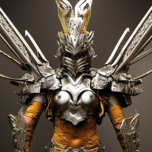  A character design sculpture of a fierce warrior, with intricate armor and weapons that capture the spirit of the fantasy genre. The lighting is intense and dramatic, with a bright spotlight illuminating the figure and creating deep shadows that add to the sense of power and danger. The color palette is bold and metallic, with rich shades of silver and gold that add to the warrior's regal bearing. Super-Resolution, Megapixel, intricate details, ultra high details, no text, UDH, 14k, HD --v 4 --ar 16:9
