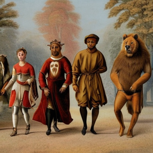 a bear, a fox, a lion, a tiger and one woman, one man walking together, human clothes are medieval style.