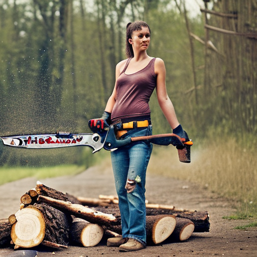 sweaty sexy girl, torn clothes with a chainsaw in her hand, logs of wood next to it, scattered sawdust, 