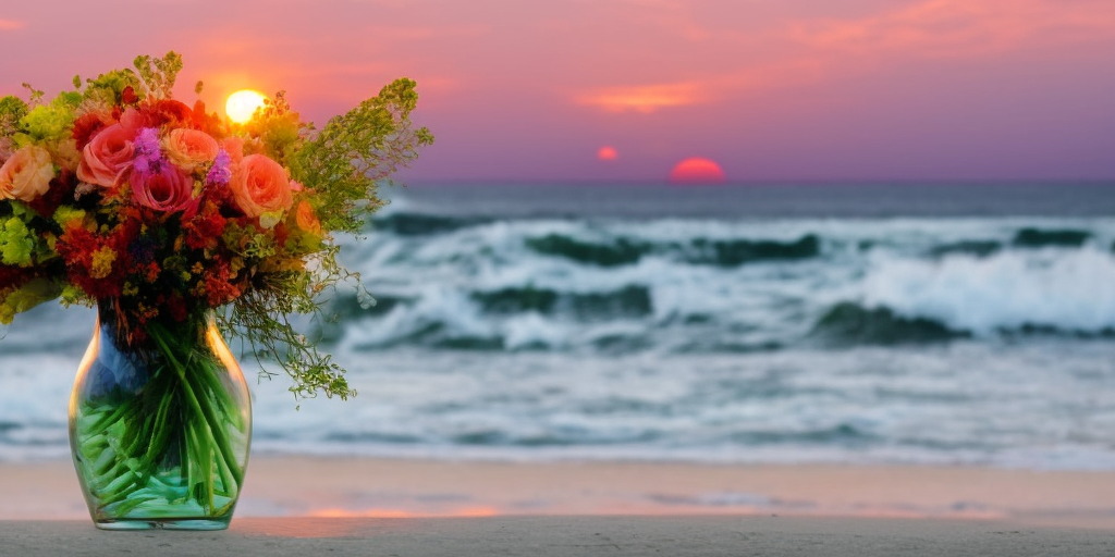 Bouquet of flowers in a glass vase by the sea beach, large waves in the background and a mystical sunset