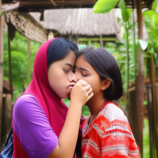two teenage melayu girl kissing at pondok 