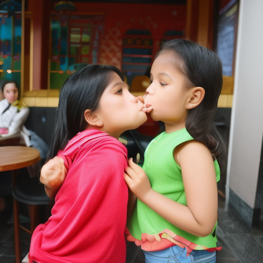 two sisters melayu girl kissing at Cafe 