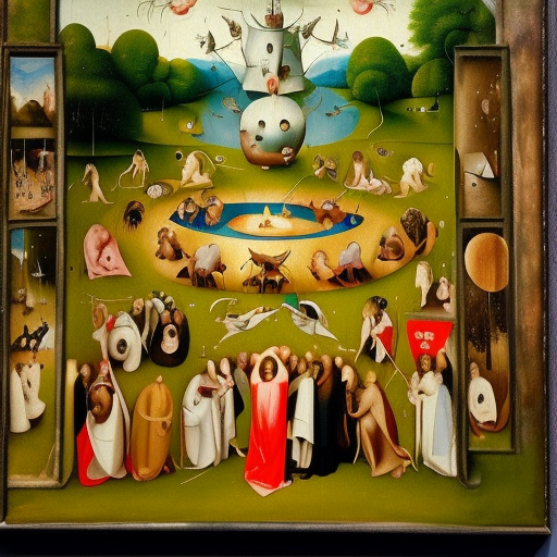 people dancing in a heavenly landscape, hieronymus bosch style, oil painting on canvas