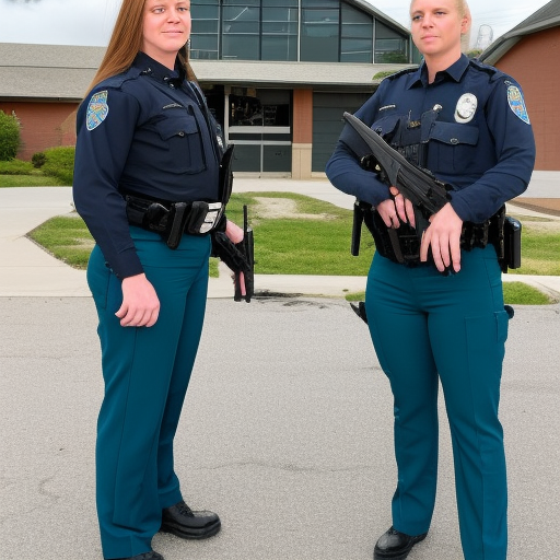 Officers Ariel Bellingham and Allison Pierz of the Miltona Police Department stand side-by-side in uniform, ready to protect and serve their community. They stand in front of the police station, their expressions determined and alert; teal hair for Allison; long blonde hair for Ariel; 300 dpi photography