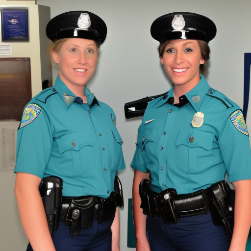 Policewomen Ariel Bellingham and Allison Pierz of the Miltona Police Department in their official police uniforms; add sleeves to uniforms; young; caucasian; angry; skinny; long totally teal hair for Allison, long blonde hair for Ariel; add official police hats; 300 dpi photography; make Ariel's badge a shield shape