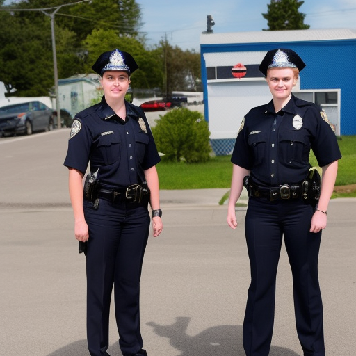 Police Officers Ariel Bellingham and Allison Pierz of the Miltona Police Department in their official police uniforms; add sleeves to uniforms; young; caucasian; angry; modelesque; long totally teal hair for Allison, long blonde hair for Ariel; add official police hats; 300 dpi photography; make Ariel's badge a shield shape