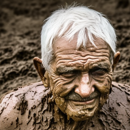old man entirely covered in mud