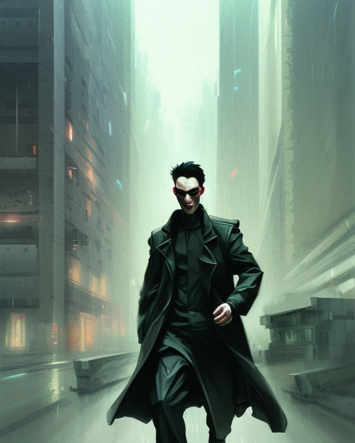 battle hardened, overpowering, pragmatic, charismatic character from the matrix, face centered portrait, confident, ruined cityscape, sterile minimalistic room, architecture, fog, volumetric lighting, illustration, perfectly shaded, greenish tinge, cold lights soft painting, art by krenz cushart and wenjun lin