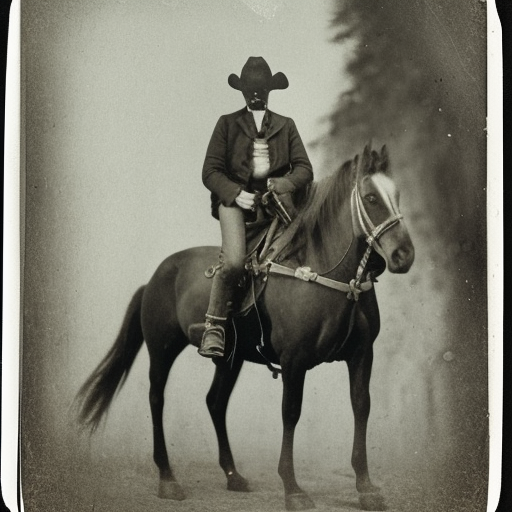  albino cowboy with evil smile on horseback as Daguerrotype