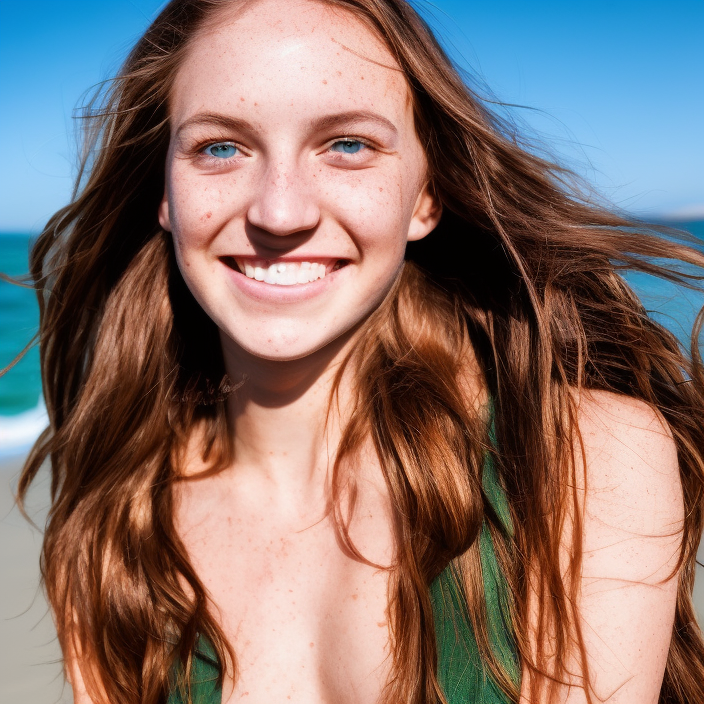 A photo of a cute young woman, long shiny bronze brown hair, green eyes, cute freckles, smug smile, golden hour, beach background, medium shot, mid-shot