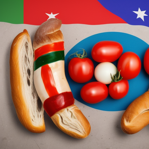 tomatoe with colors of italian flag, baguete with color of french flag and shark with colors of german flag